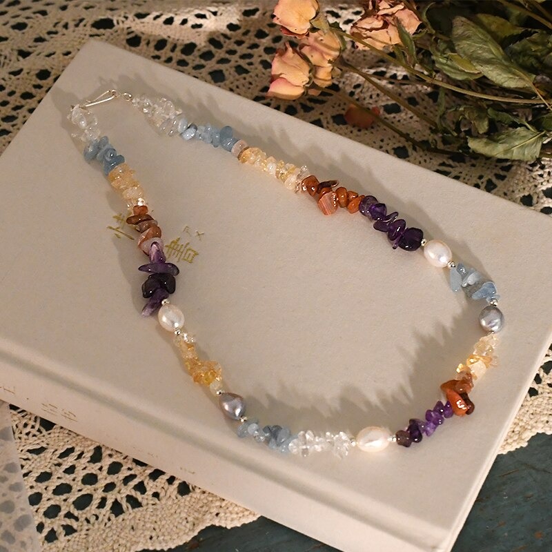 Natural Freshwater Baroque Pearl Necklace with Irregular Colorful Crystal Stone Jewelry 2