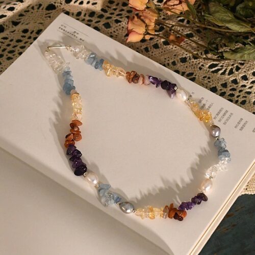 Natural Freshwater Baroque Pearl Necklace with Irregular Colorful Crystal Stone Jewelry 3