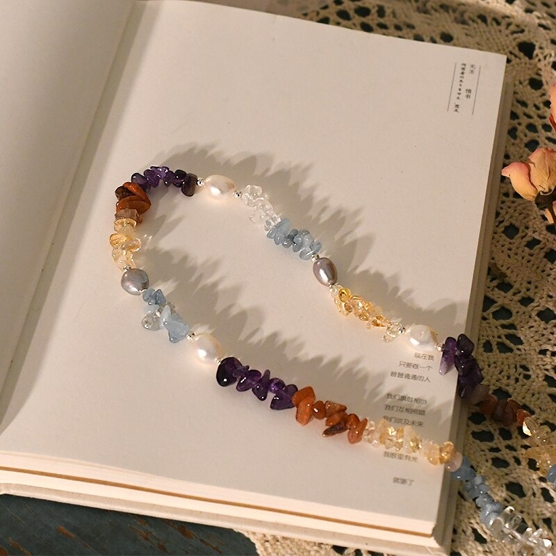 Natural Freshwater Baroque Pearl Necklace with Irregular Colorful Crystal Stone Jewelry 4