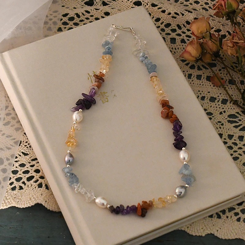 Natural Freshwater Baroque Pearl Necklace with Irregular Colorful Crystal Stone Jewelry 5