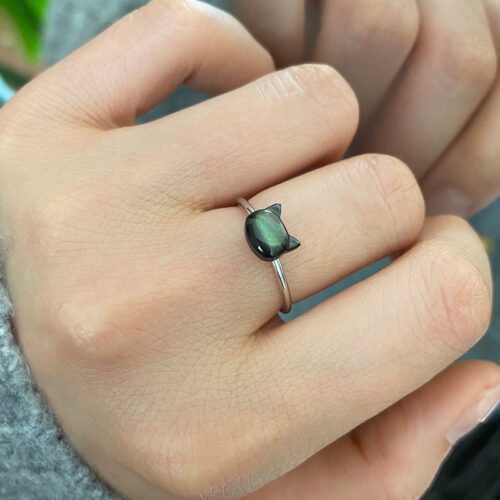 Natural Shell Black Cat 925 Sterling Silver Ring